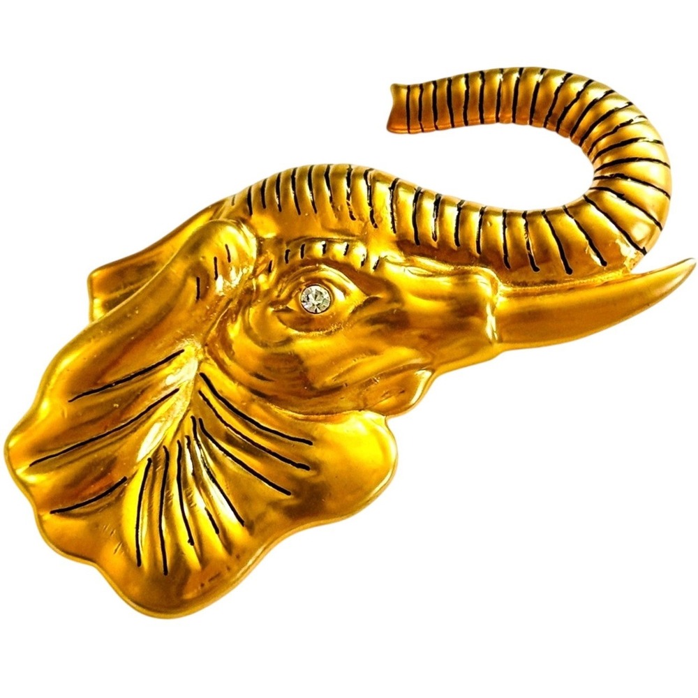 Vintage Ni 95 Elephant belt buckle gold tone black enamel rhinestone rare Chunky